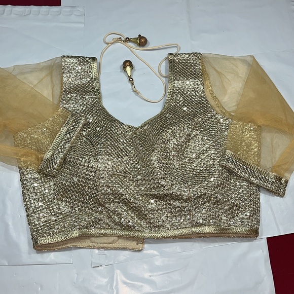 genie GOLD Belly dancer top Gypsy cropped mermaid sheer sleeves dance shirt S M - Picture 11 of 13